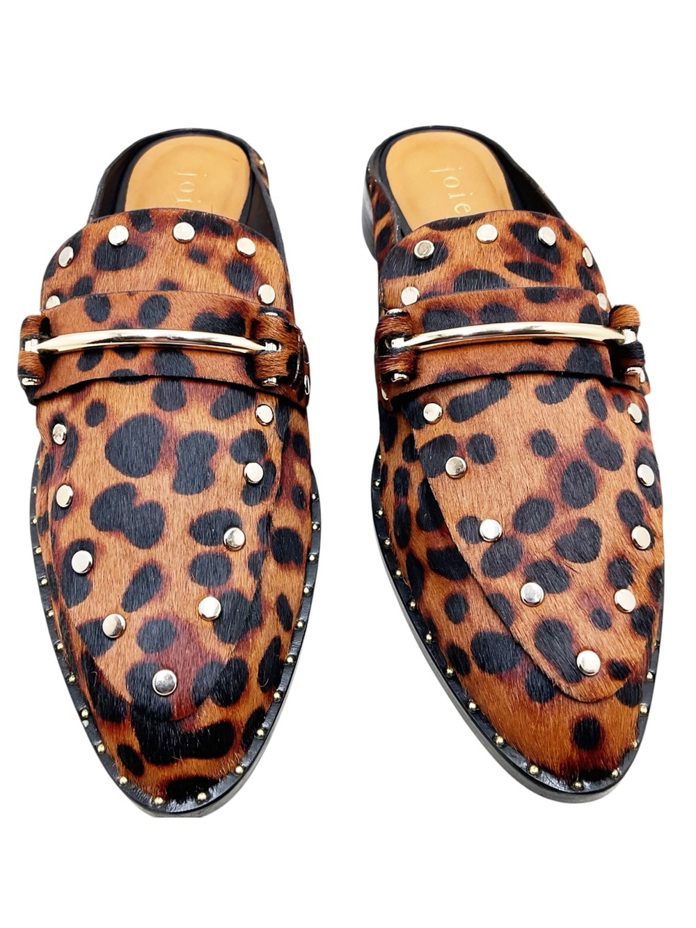 {Joie} Taran Leopard Calf-Hair Studded Slip-On Mules